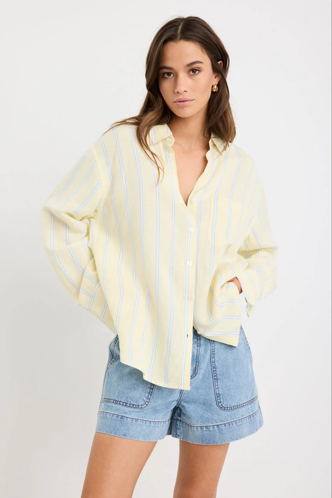 Exalted Yellow Stripe Linen Viscose Oversized Shirt