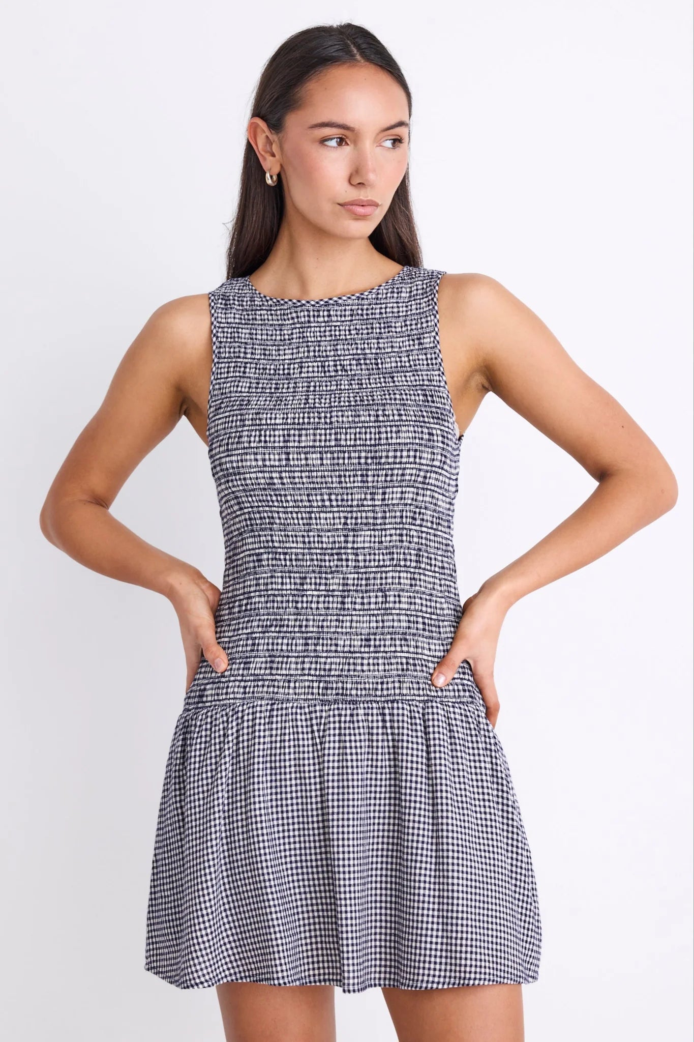 Laurel Navy Mini Gingham Sleeveless Shirred Bodice Mini Dress