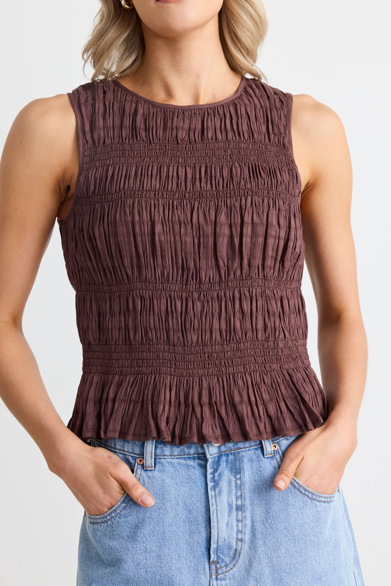 Tuscany Chocolate Shirred Cotton Sleeveless Top