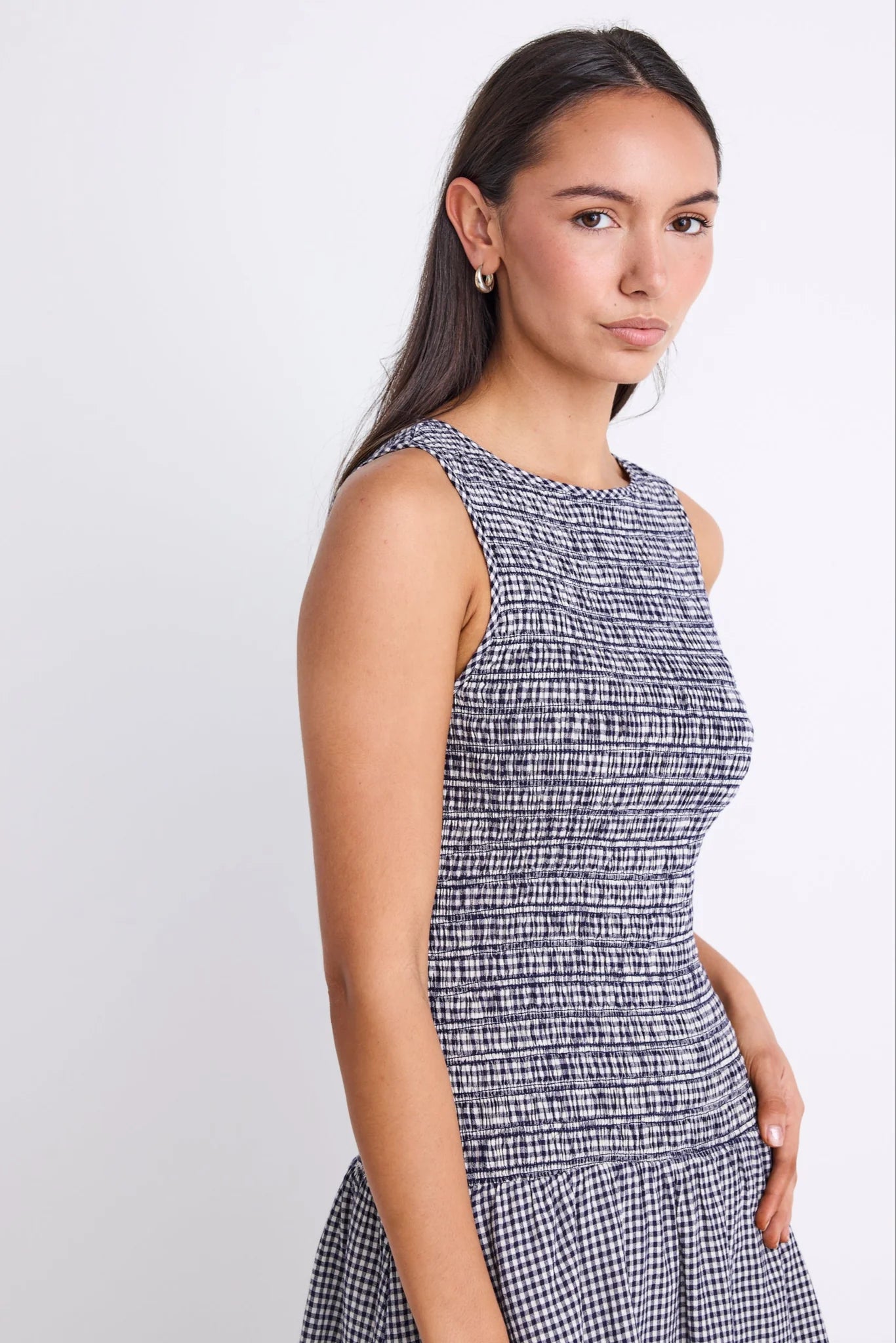 Laurel Navy Mini Gingham Sleeveless Shirred Bodice Mini Dress