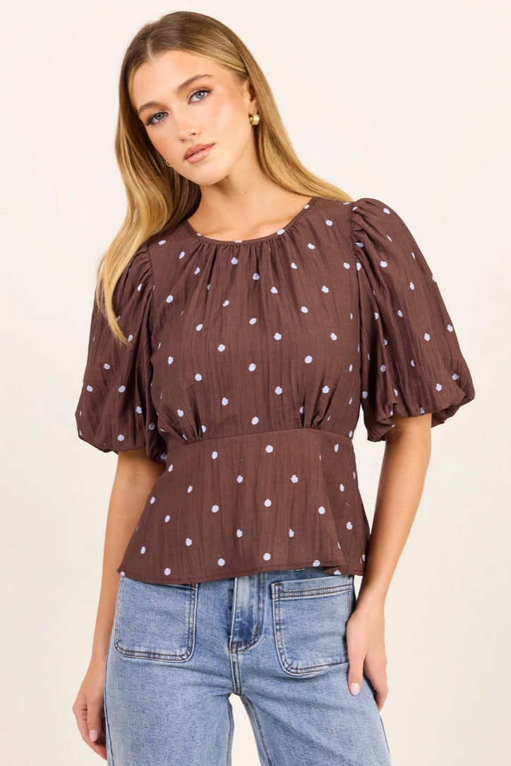 Finali Mocha Blue Polka Dot Short Bubble Sleeve Top