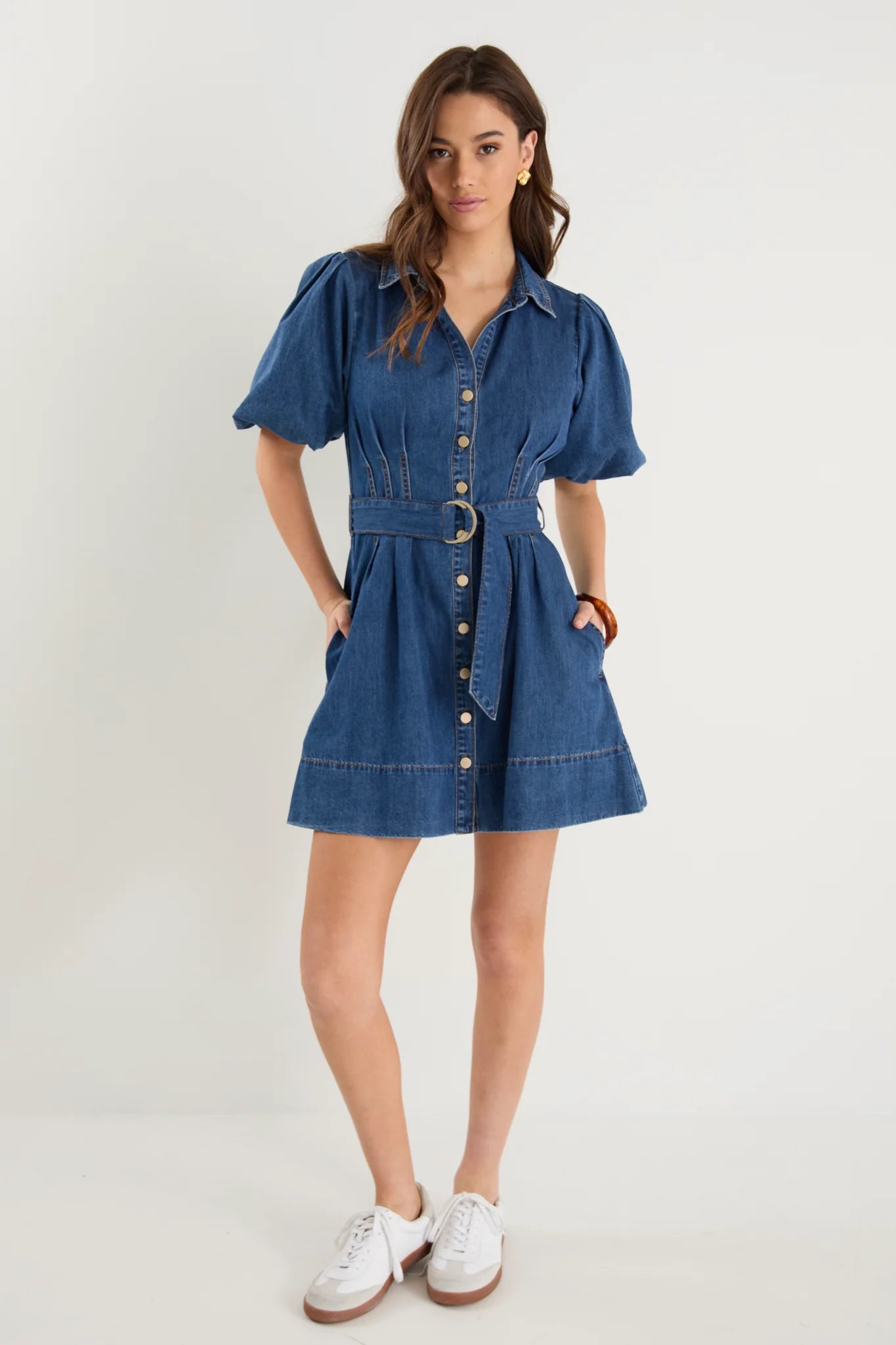 Sundown Storm Blue Denim Puff Sleeve Mini Shirt Dress