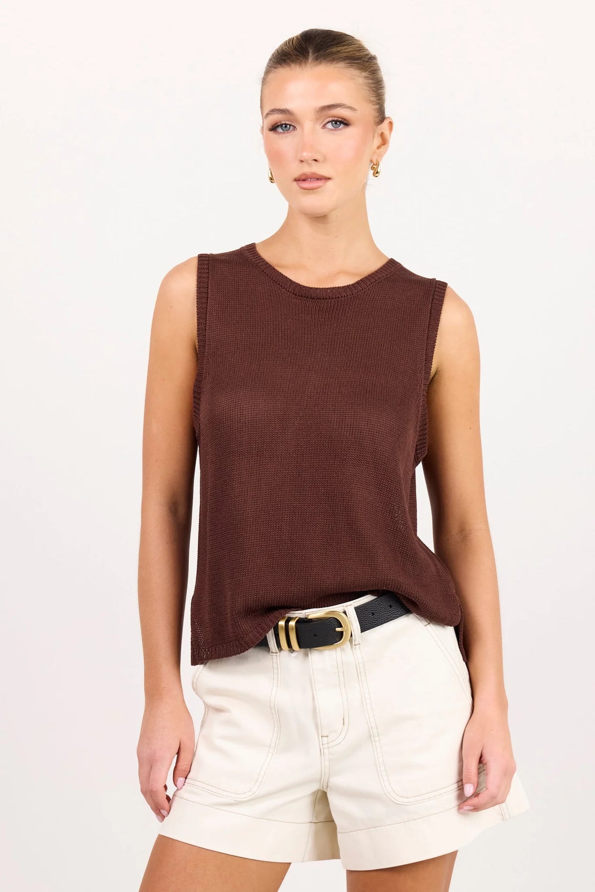 Salute Chocolate Relaxed Sleeveless Knit Tank Top