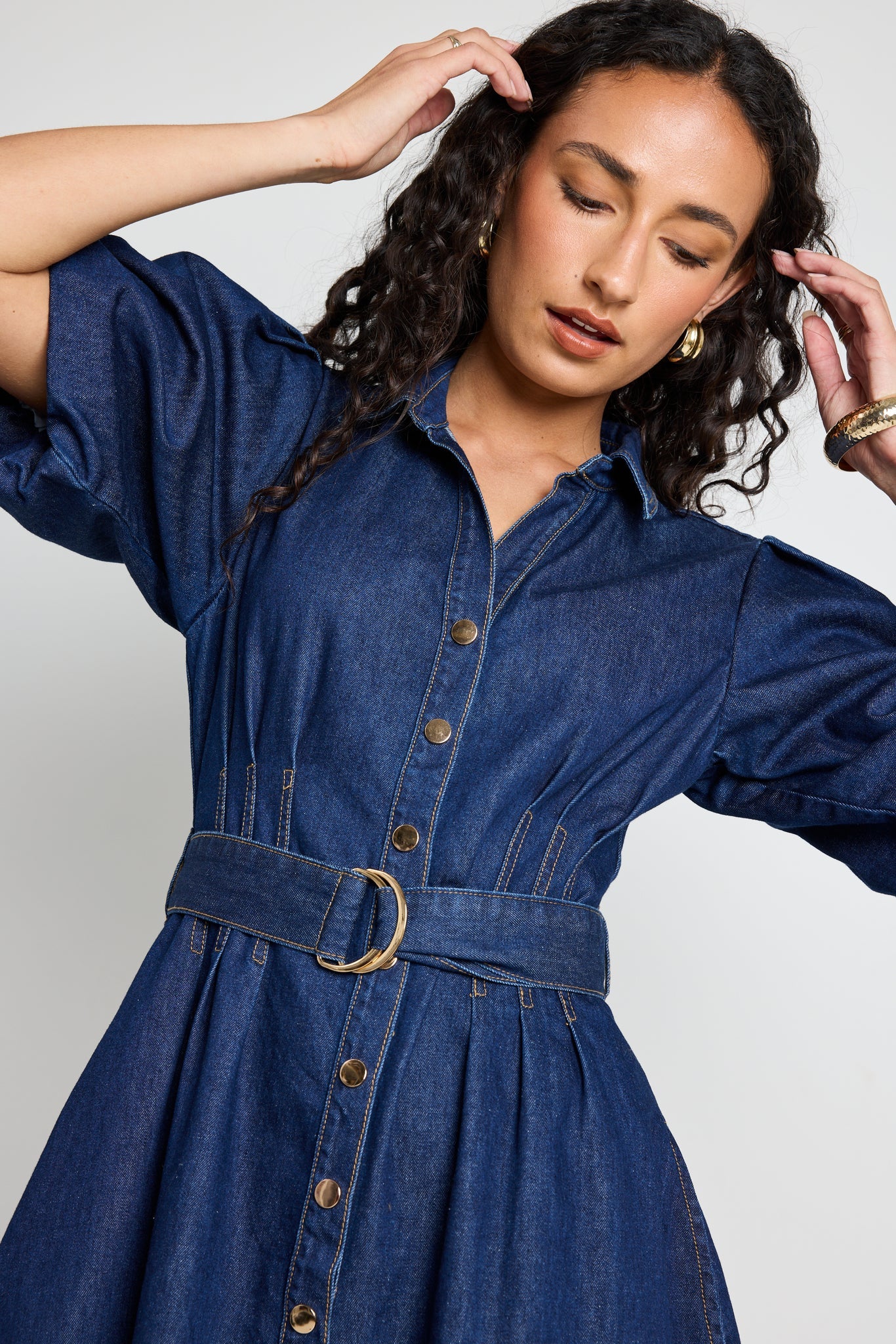 Sundown Indigo Denim Puff Sleeve Mini Shirt Dress