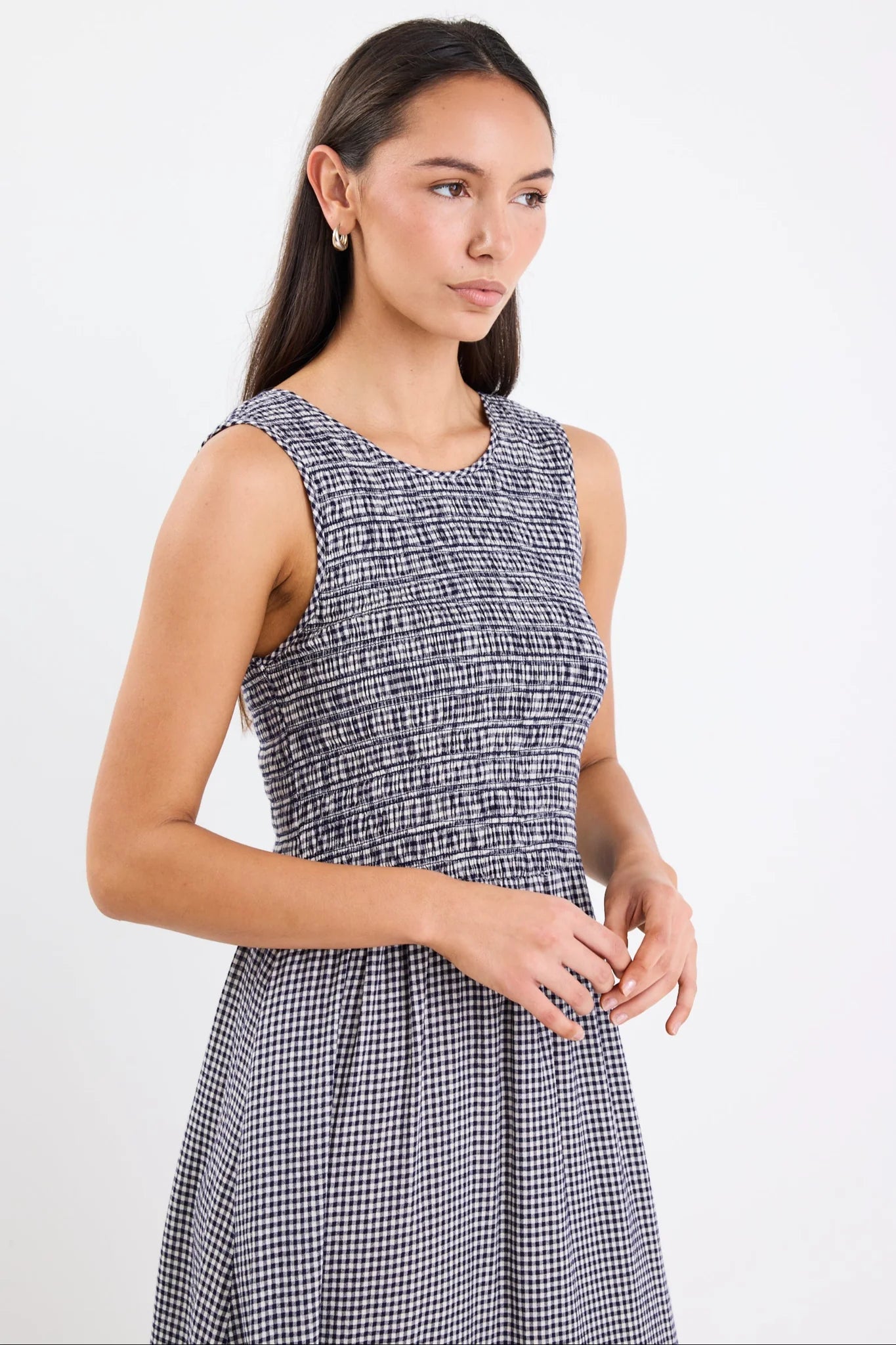 Bryar Navy Mini Gingham Sleeveless Shirred Bodice Midi Dress -Navy Mini Gingham