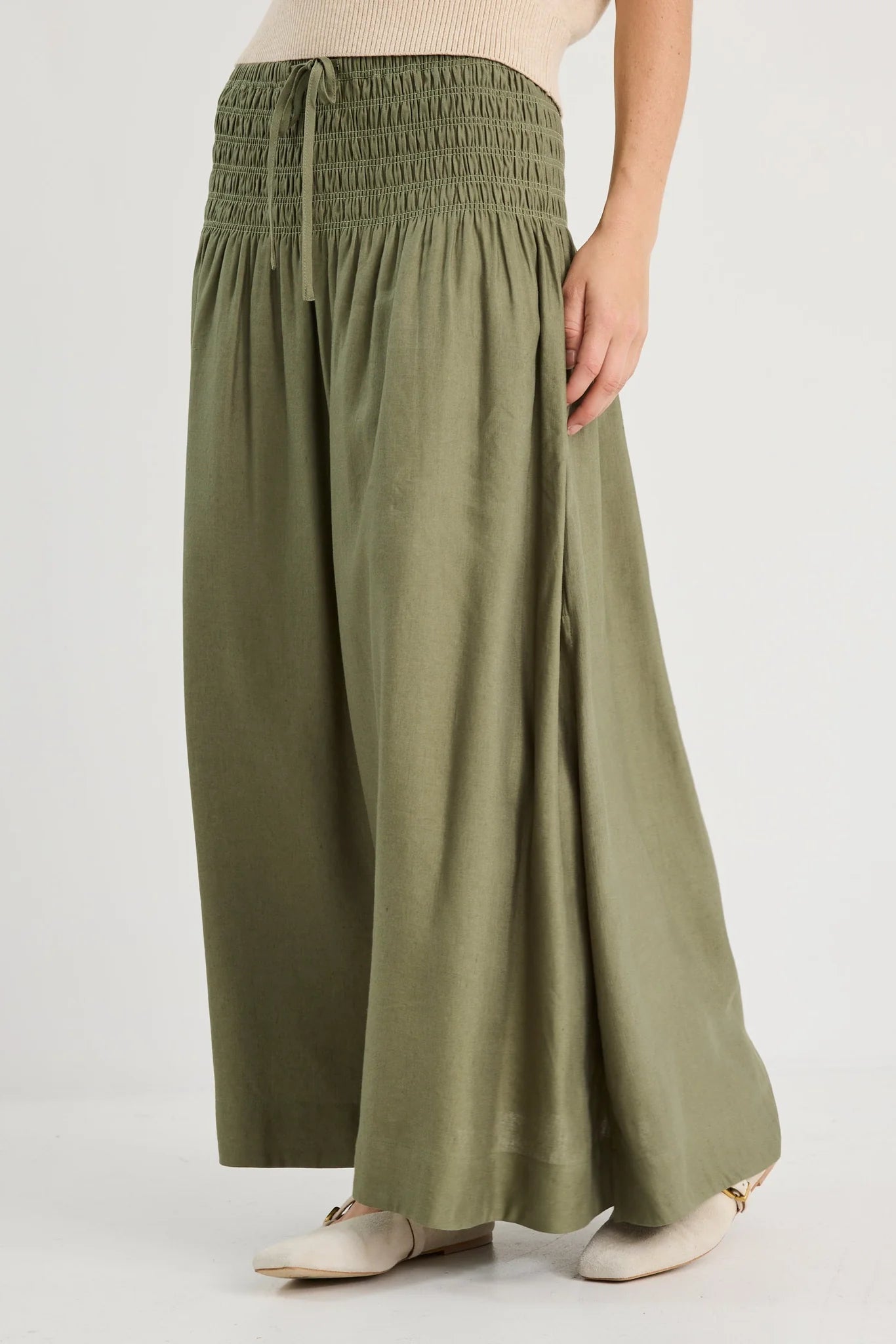 Byron Olive Linen Shirred Waist Maxi Skirt