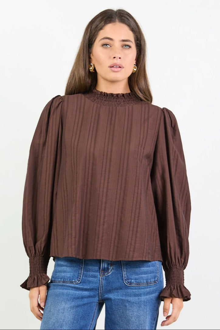 Embrace Chocolate Self Stripe Shirred Neck LS Top