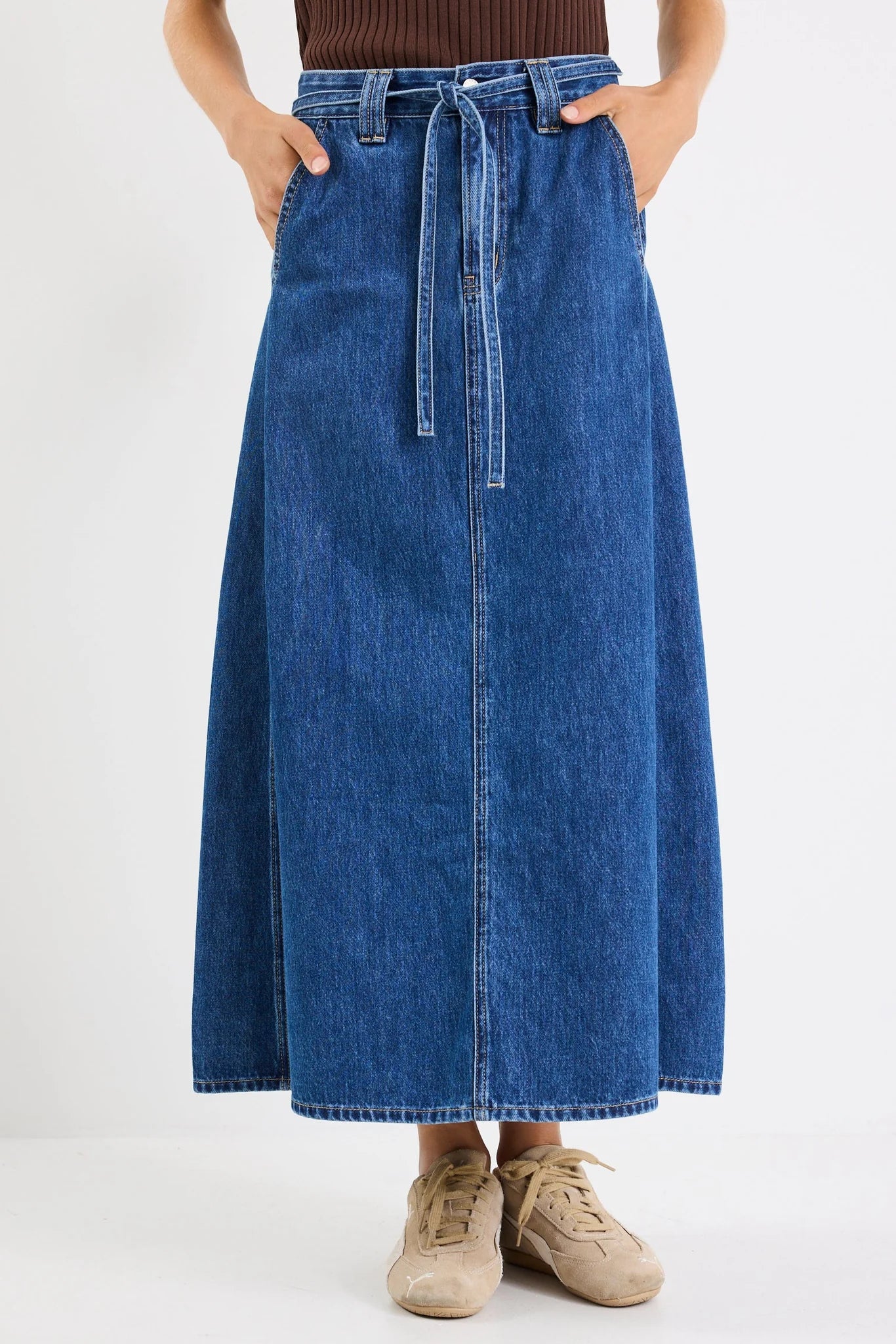 Dockside Storm Blue Denim Tie Front Maxi Skirt