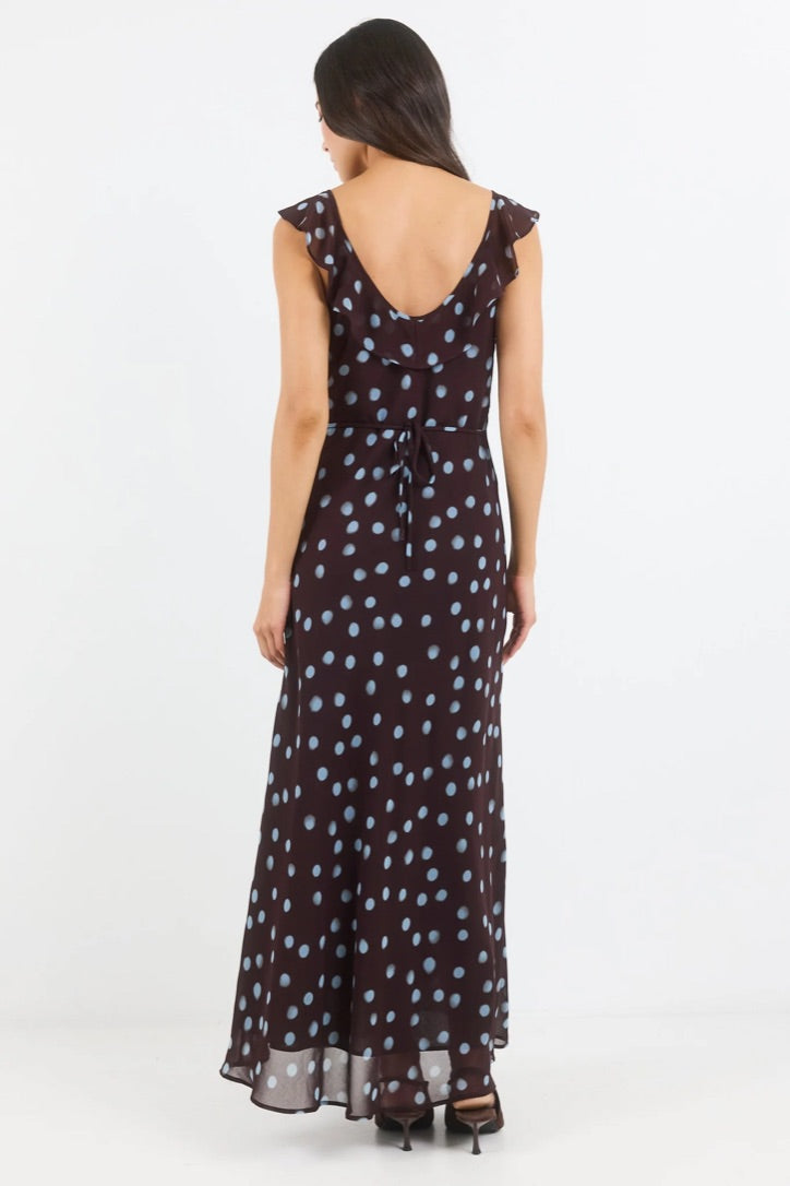 Joyous Chocolate Blue Polka Dot Georgette Bias Slip Maxi Dress