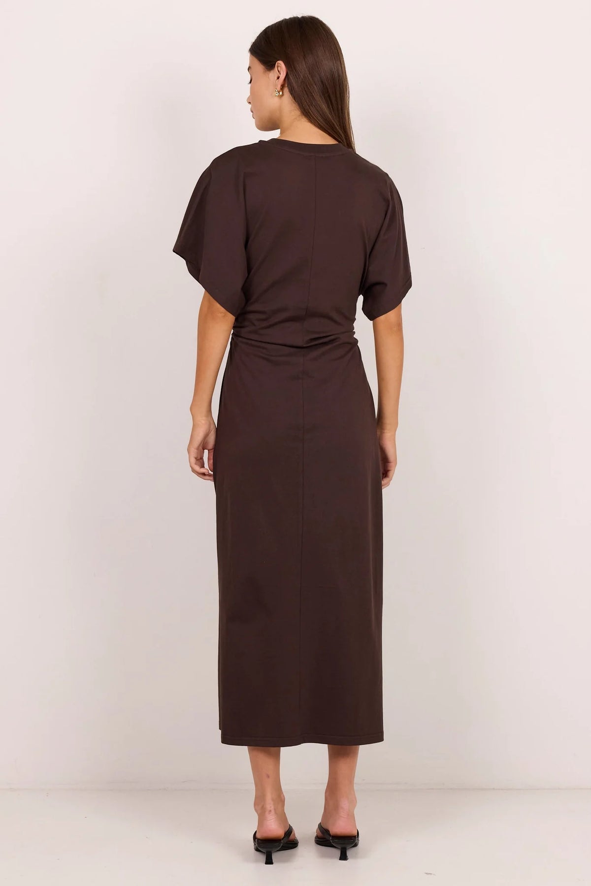 Pulse Chocolate Cotton Gathered Waist Detail Short Sleeve Dress