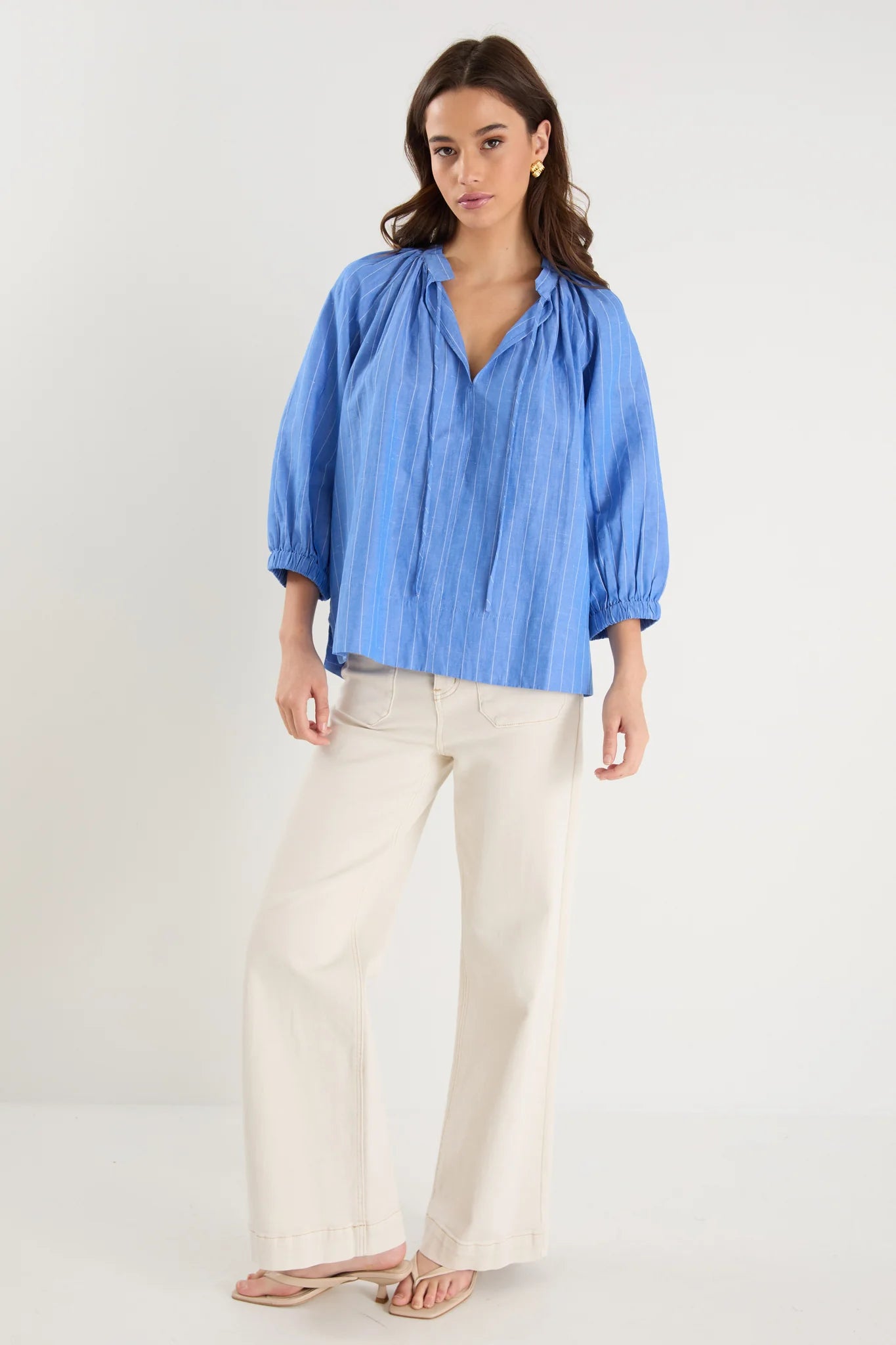 Compliment French Blue Stripe Blouson Mid Sleeve Top