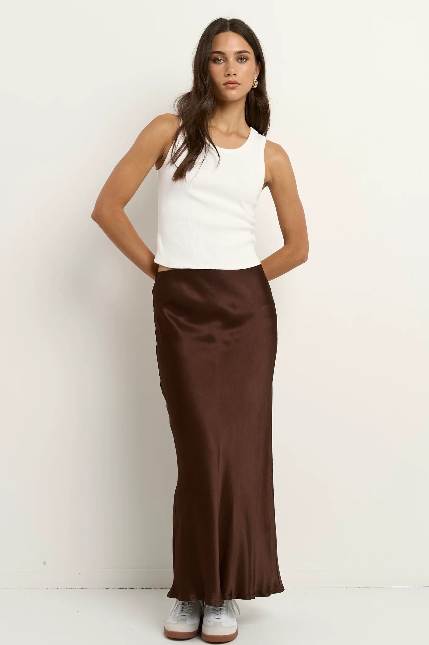 Rosette Chocolate Satin Bias Midi Skirt