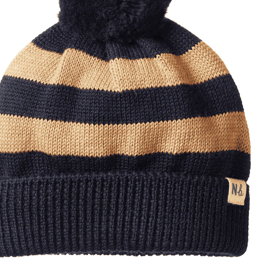 Alpine Pom Pom Beanie - Navy/ Caramel Stripe
