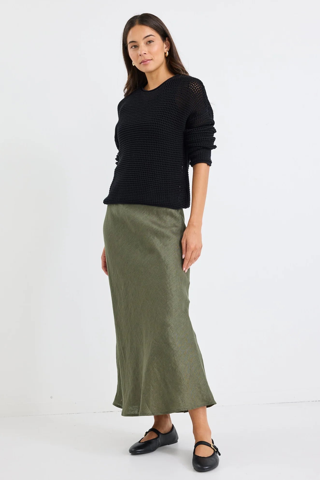 Bliss Soft Khaki Linen Bias Midi Skirt