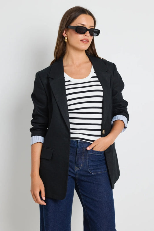 Dock Black Ramie Rolled Sleeve Blazer