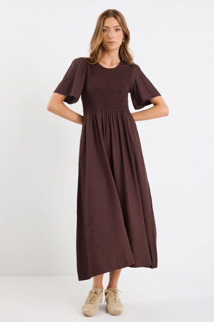 Wren Chocolate Linen Blend SS Shirred Bodice Midi Dress