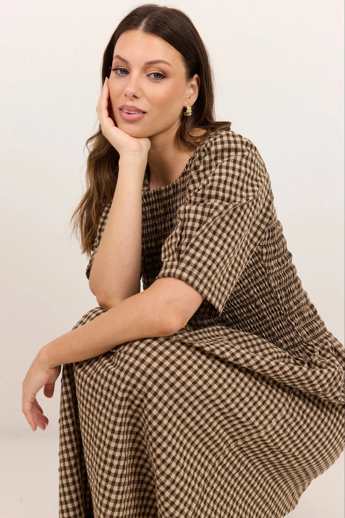 Nest Chocolate Gingham SS Shirred Bodice Midi Dress