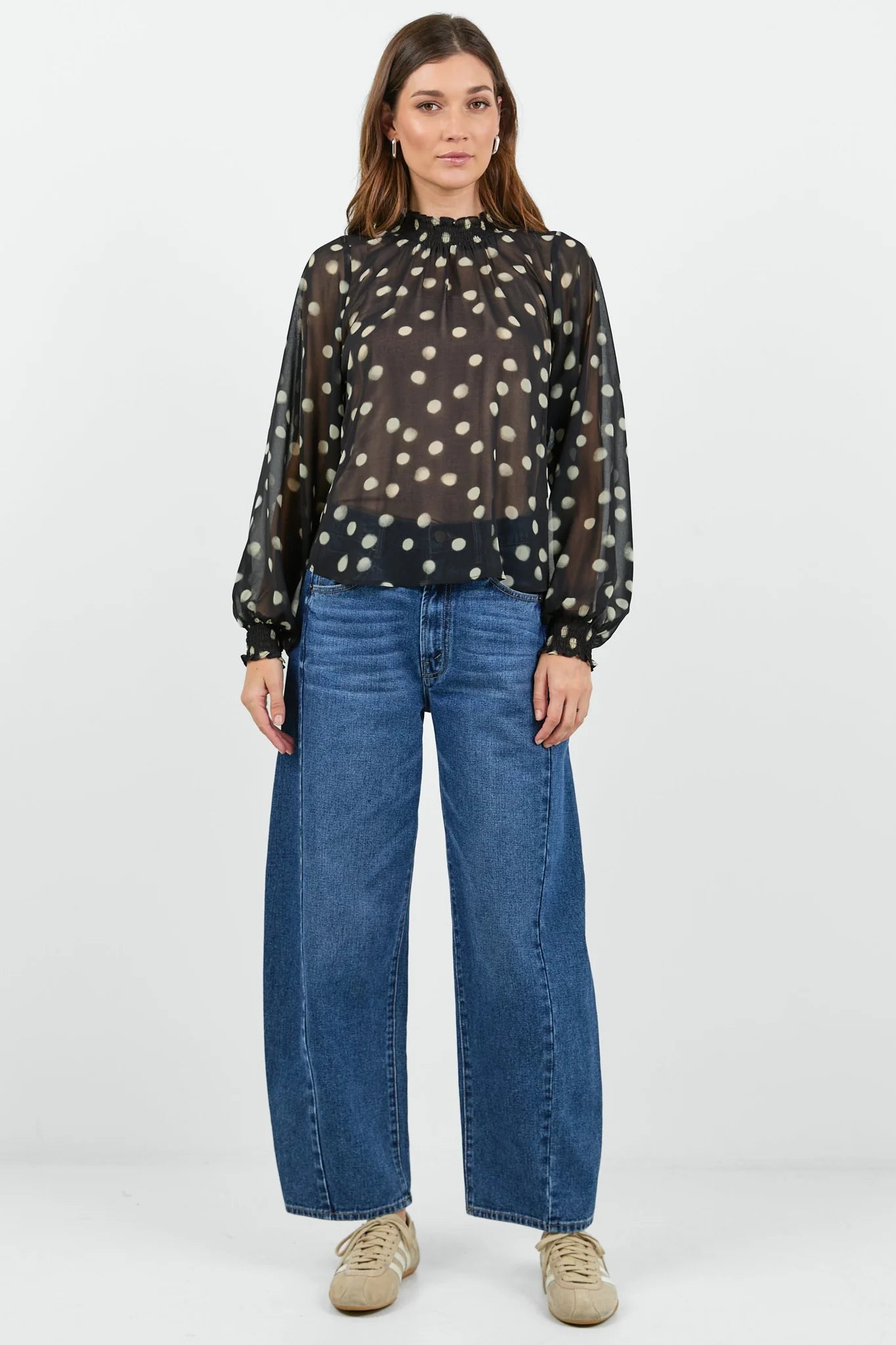 Emphatic Black Polka Dot Georgette High Neck LS Top