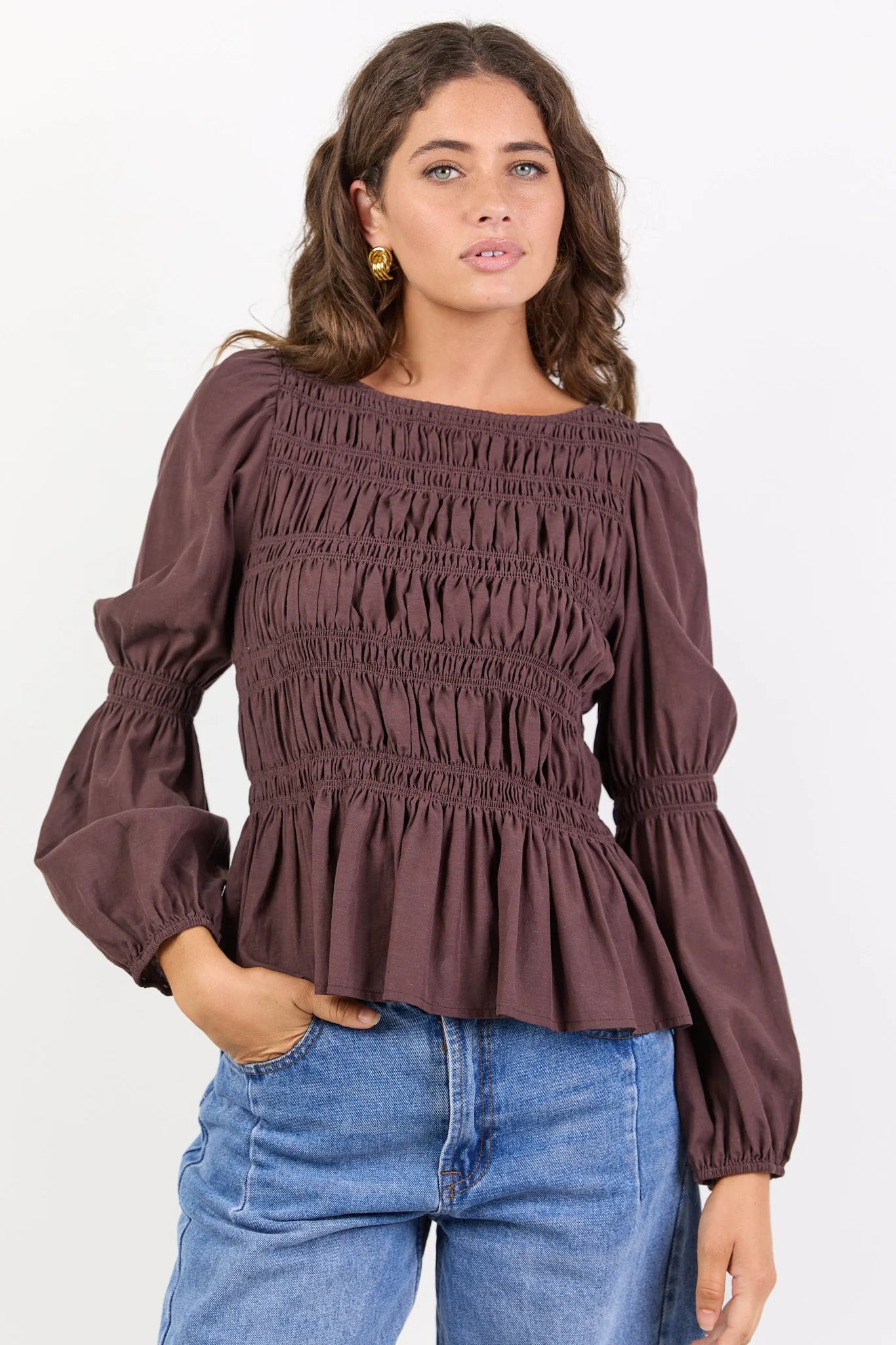 Required Chocolate LS Shirred Bodice Top