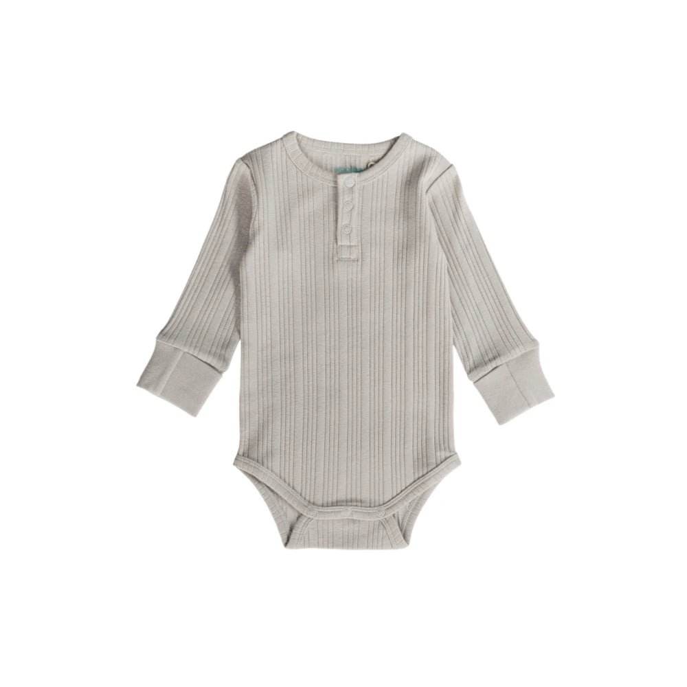 Woolbabe Merino/Organic Cotton Long Sleeve Henley Bodysuit - Pebble marl