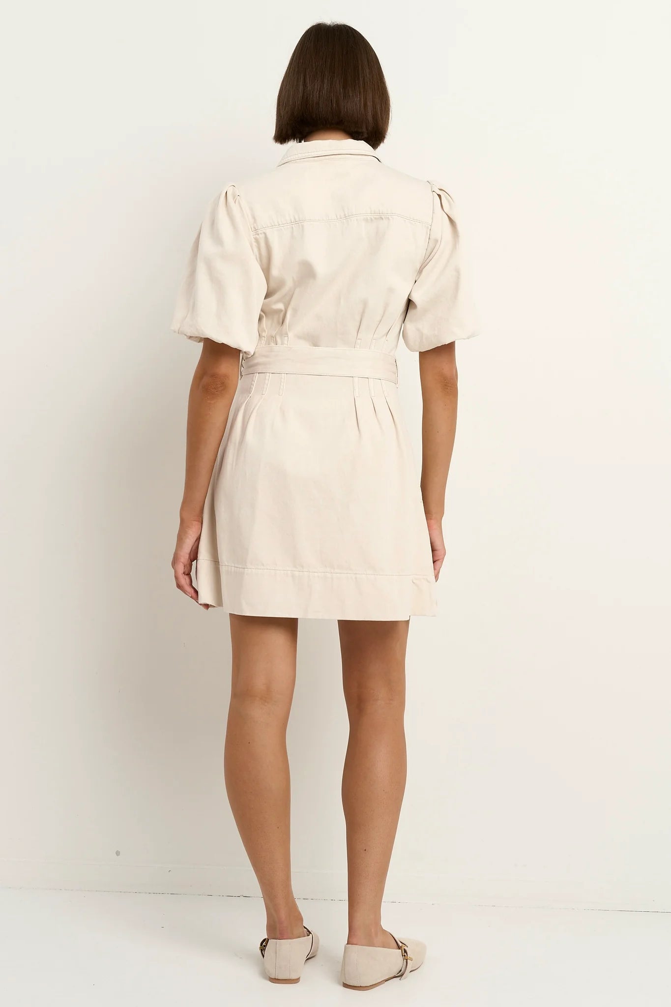 Sundown Ecru Denim Puff Sleeve Mini Shirt Dress