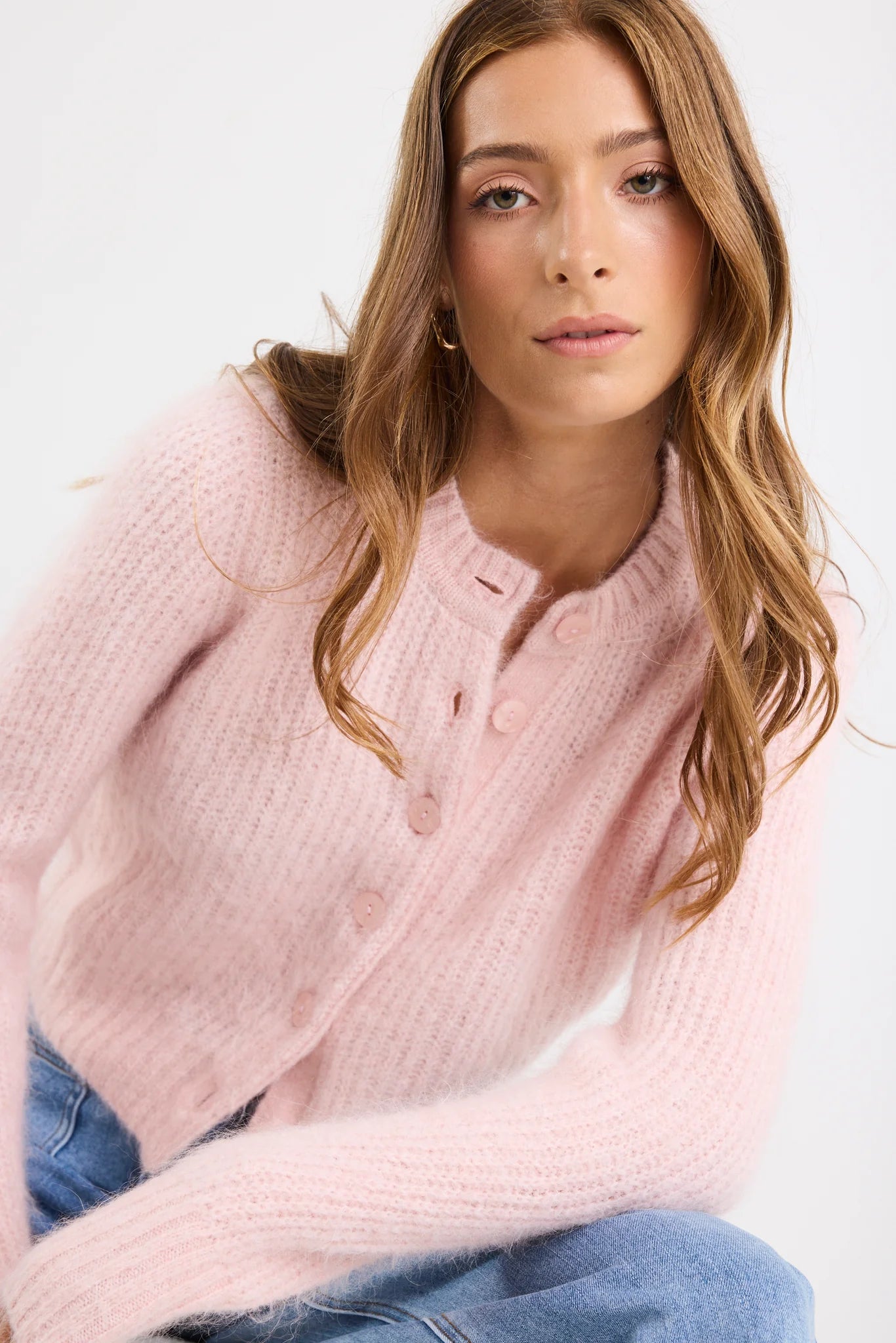 Highlight Blush Mohair Blend Crewneck Cardigan