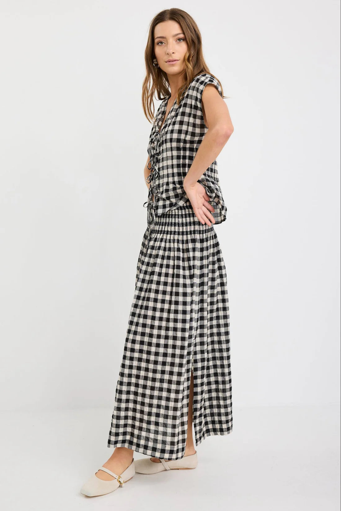 Cheerful Black Gingham Cotton Shirred Waist Maxi Skirt