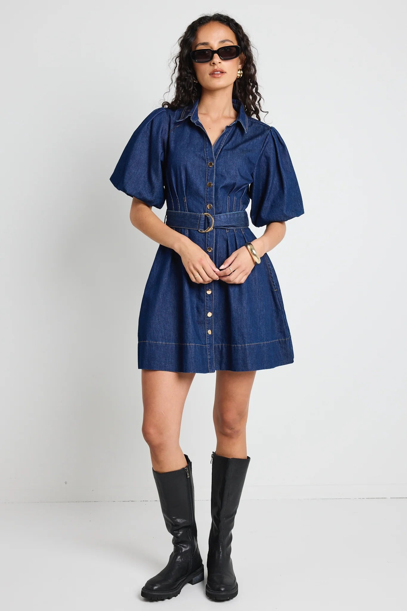 Sundown Indigo Denim Puff Sleeve Mini Shirt Dress