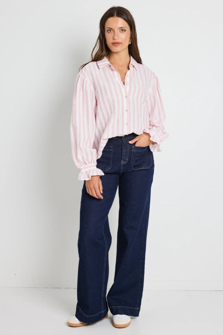 Connection Pink Stripe Button Front Blouse