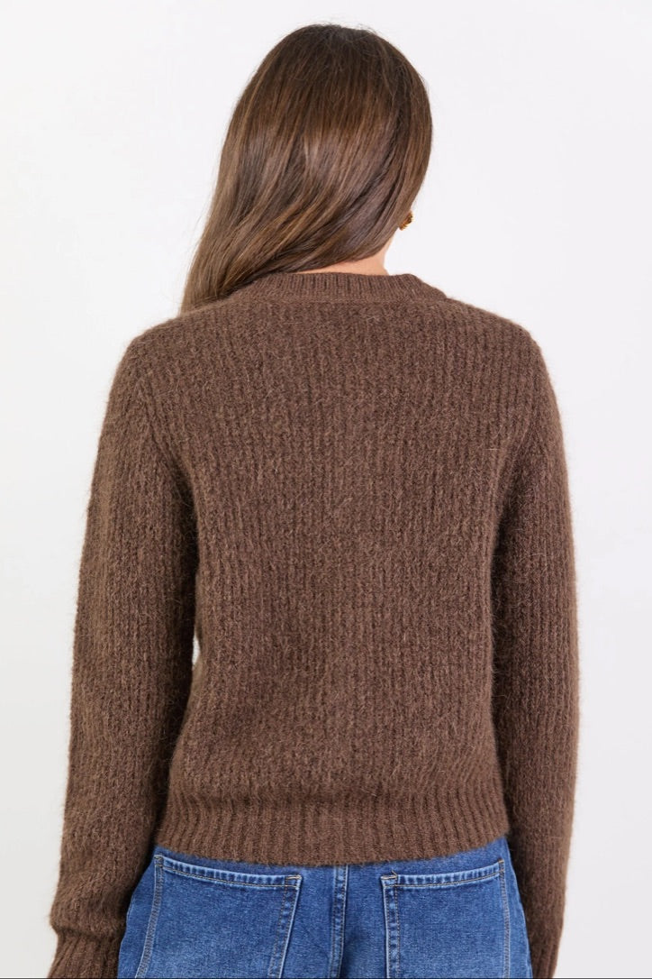 Highlight Chocolate Mohair Blend Crewneck Cardigan