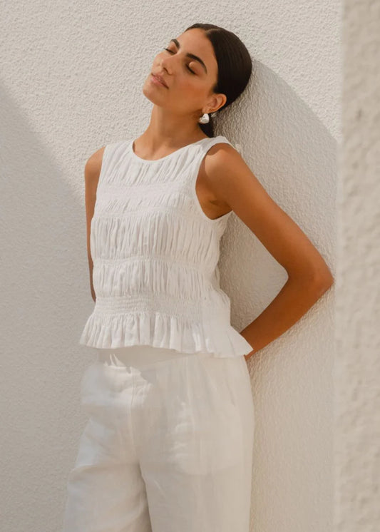 Impulsive Ivory Linen Shirred Sleeveless Top