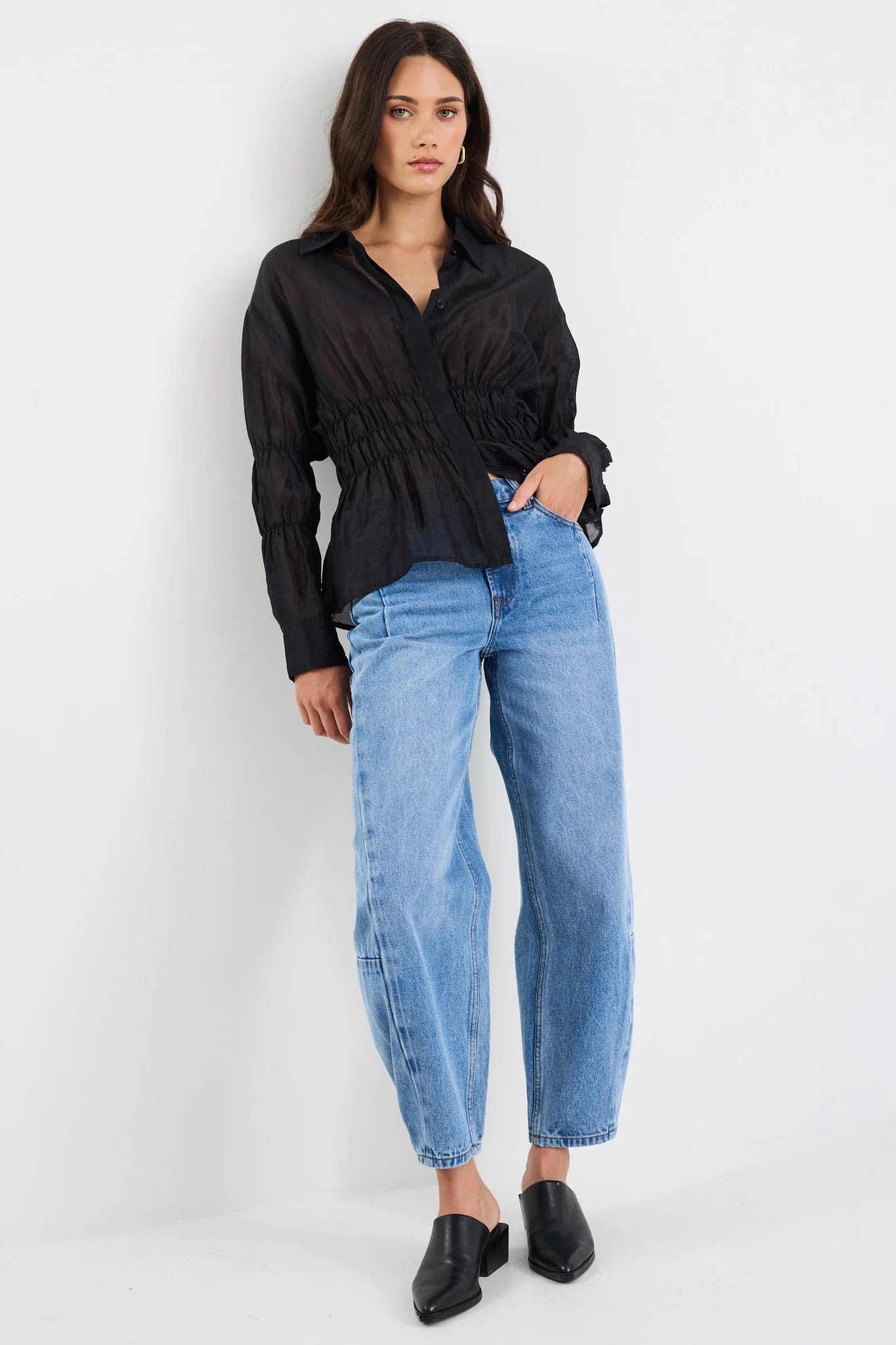Composite Black Sheer Shirred Body Shirt
