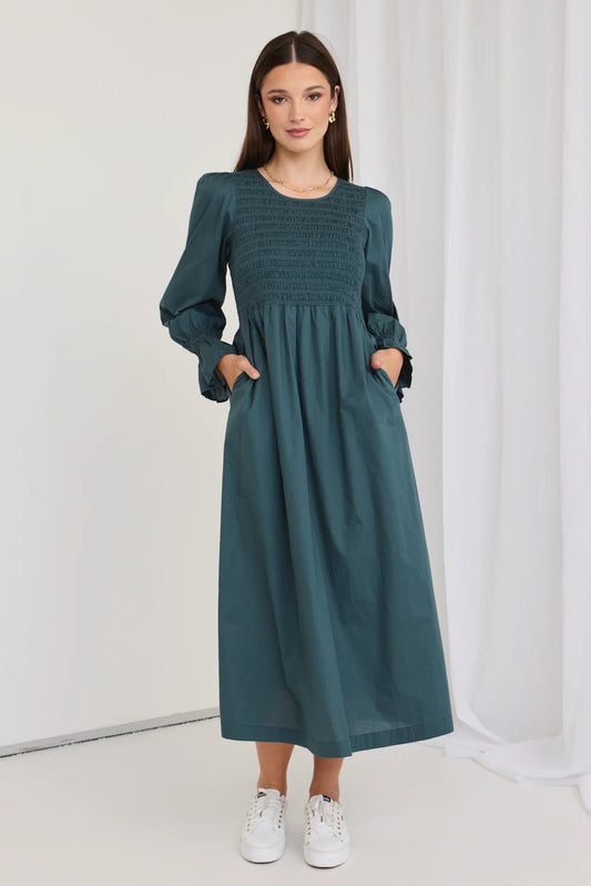 Lark Forest Cotton LS Shirred Bodice Dress