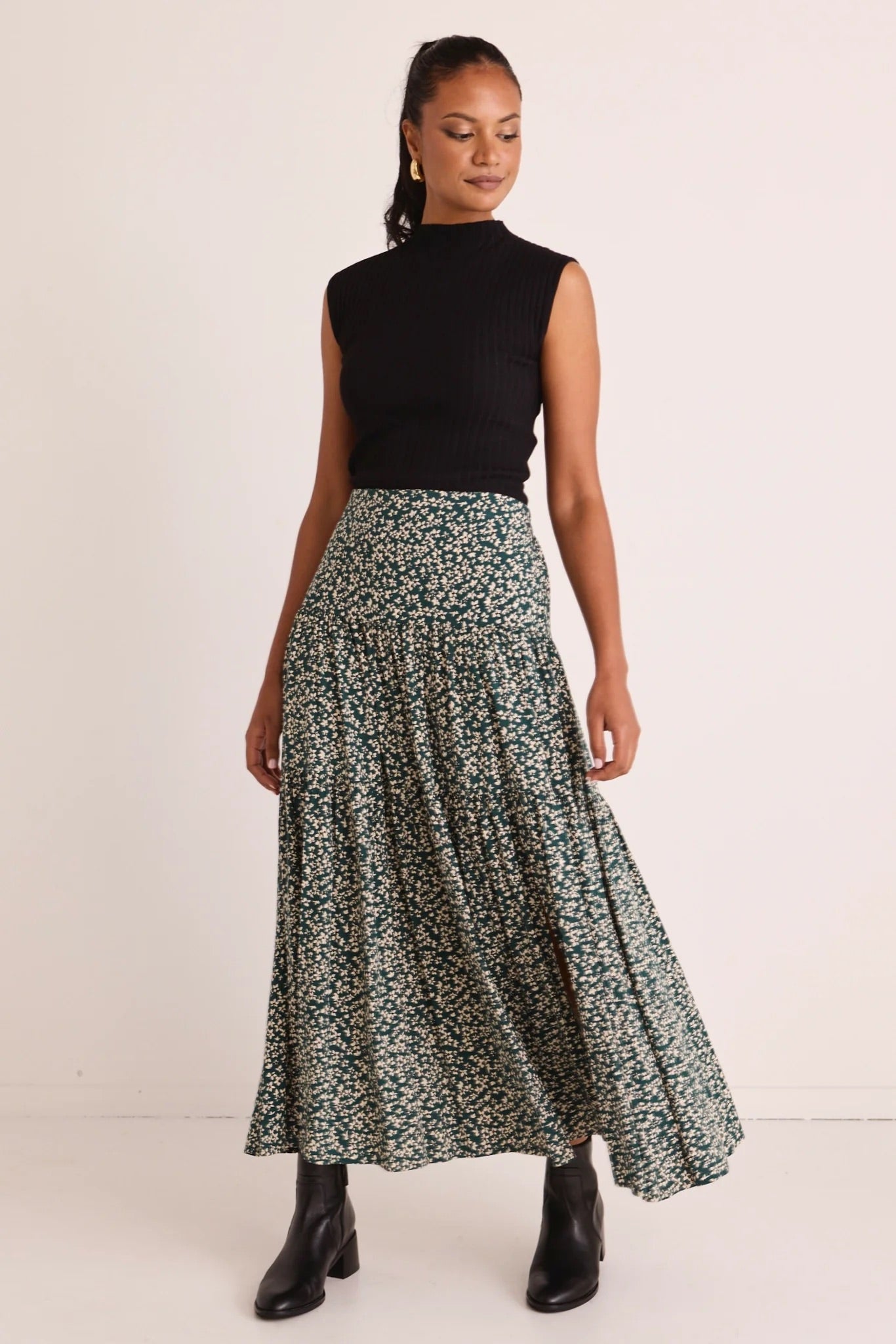 Playful Forest Ditsy Elastic Back Tiered Maxi Skirt